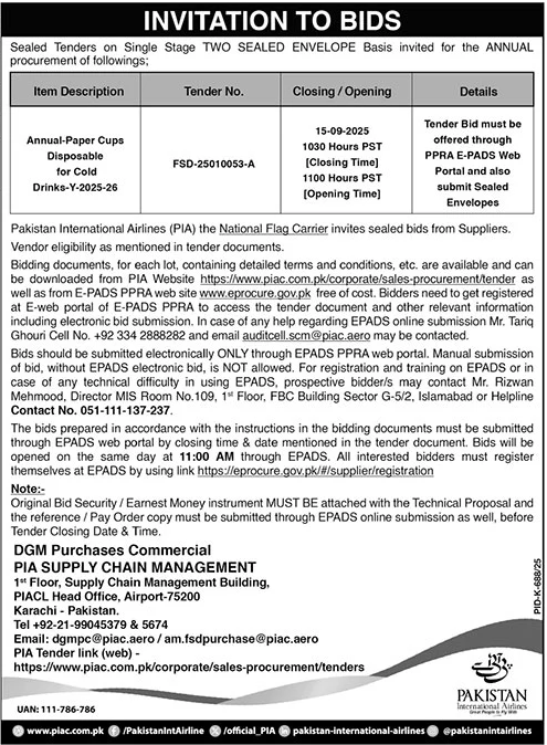 Pakistan International Airlines Karachi Tender Notice